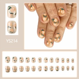 Vopintpy Cute Fruit Peach Press on Nails Short Square Glitter Fake Nails Glossy Acrylic Glue on Nails Reusable Artificial Stick on Nails for Women DIY Manicure Decor