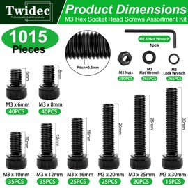 Twidec/1015PCS M3 Screws Assortment Kit,Hex Socket Cap Head Screws M3x6/8/10/12/16/20/25/30mm,12.9 Grade Alloy Steel Bolts & Nuts Assorted Set,Black Zinc Plated M3 Screw for 3D Printer