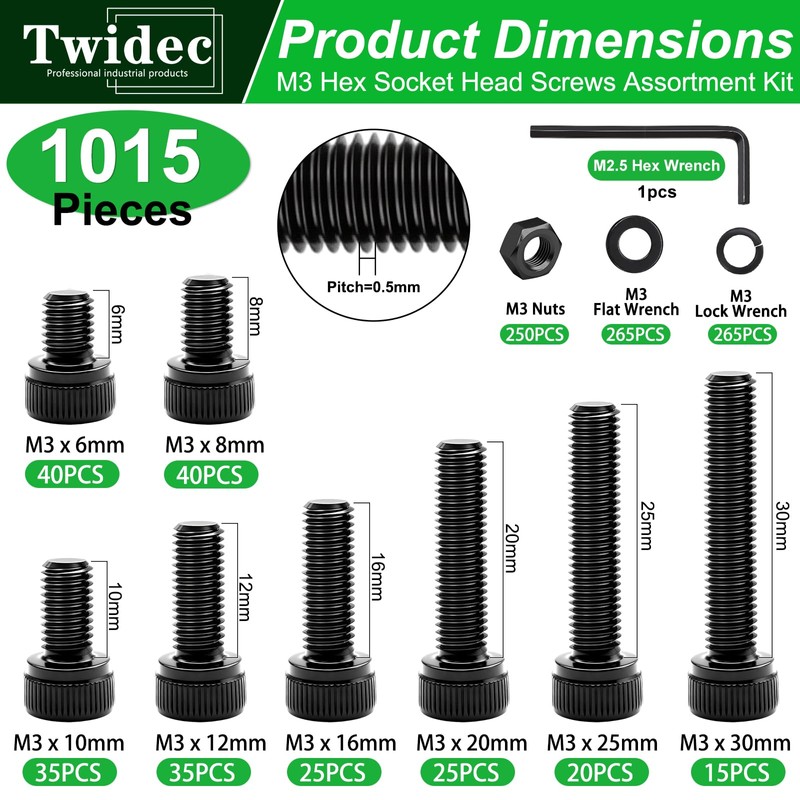 Twidec/1015PCS M3 Screws Assortment Kit,Hex Socket Cap Head Screws M3x6/8/10/12/16/20/25/30mm,12.9