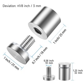 LuckIn 8 Pack Standoff Screws for Acrylic (1 in. Dia x 1 in. L), Stainless Steel Stand Off Wall Mounts Hardware for Sign Holder, Silver
