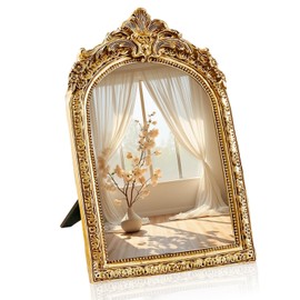 YUSONG Vintage Makeup Mirror for Tabletop - 8" Antique Gold Arched Desk Mirrors with Resin Frame Vanity Table Mirror for Bedroom Living Room Retro Decor