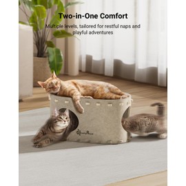 DownyPaws Cat House for Indoor Cats, Cat Bed Cave for Multiple & Large Cats Up to 22 Lbs, Scratch Resistant Peekaboo Cat Caves, Foldable Cat Tunnel Enclosed Bed, PeekaPurr, Cream