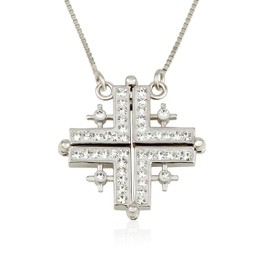 butterfly Jerusalem Cross Necklace, folding necklace with magnet closing. Cross of Jerusalem Pendant, 925 Sterling Silver Necklace with Cubic Zirconia Israeli Made Jewelry Bible Blessings Holy Land Gifts from Jerusalem Souvenirs Christmas Gifts (dark blu