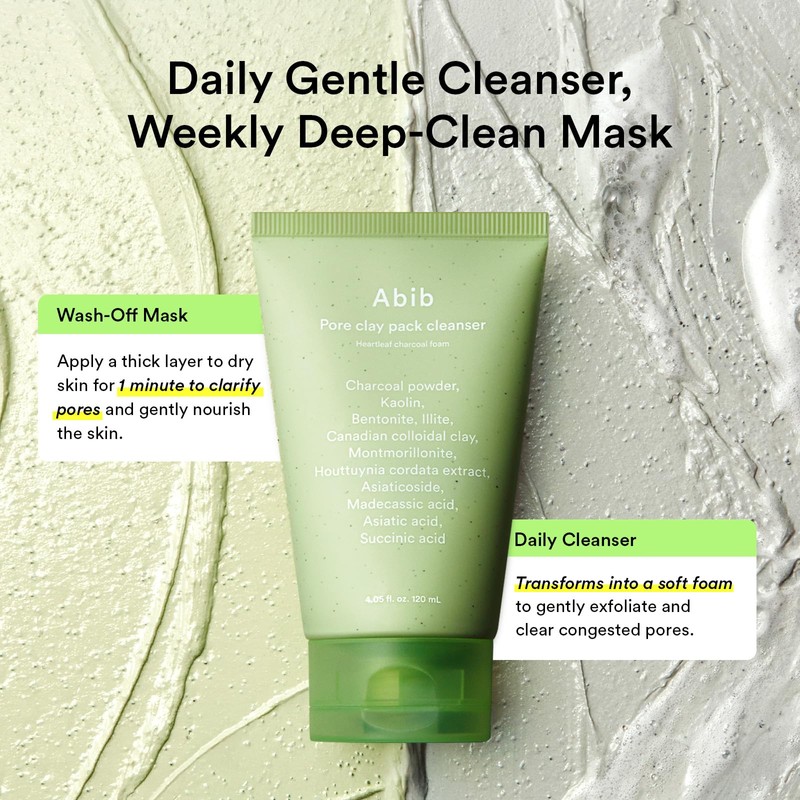 Abib Pore Clay Pack Cleanser Heartleaf Charcoal Foam, 4.05 fl