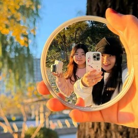 Espejo portátil redondo de mano, acrílico transparente, accesorio de fotografía para selfies y fotos creativas, 4 x 4 pulgadas