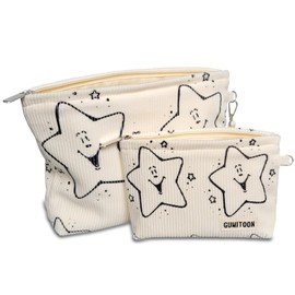 GUMITOON Corduroy Cosmetic Bags for Women Smile Makeup Organizer Storage Makeup Bag Large Capacity Purse Travel Toiletry Zipper Storage Pouch Make up Brushes Organizer, Star-off white
