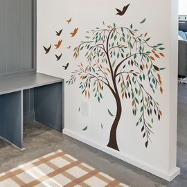 Large Willow Tree Wall Decal with Flying Birds, Nature Peel and Stick Wall Art Sticker for Home Decor