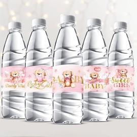 Clabby - 39 etiquetas para botellas de agua de ducha de bebé, pegatinas para botellas de agua, etiquetas impermeables para baby shower, decoración de fiesta de baby shower, color rosa