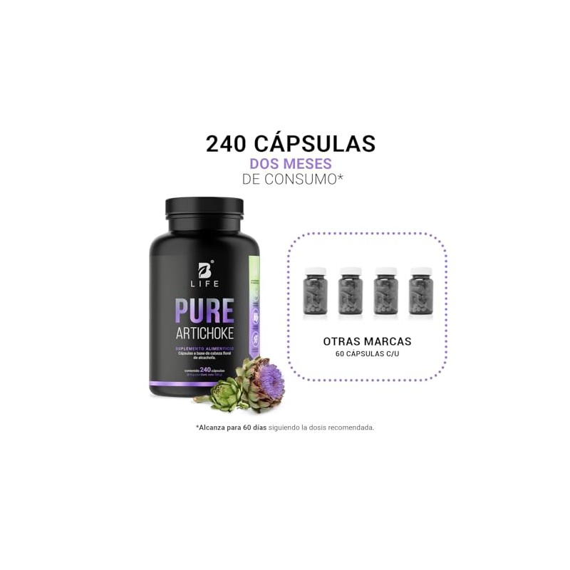 Alcachofa pura de 240 Cápsulas 500 mg. Ingredientes naturales. Pure