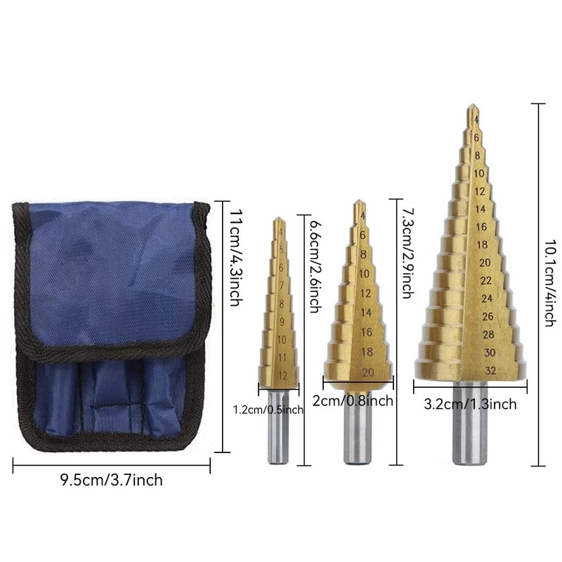 3 Piece HSS Step Drill Bit Set Hex Shank Step