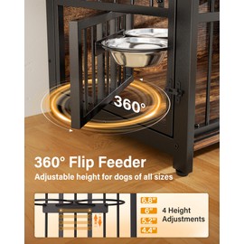Dog Crate Furniture for Medium Dogs, Sliding Barn Door Dog Crate with Interactive Window for Anxiety Dogs, 360°Rotatable & Elevated Dogs Bowls, Wooden Dog Kennel Furniture, Dog Cage Furniture Indoor