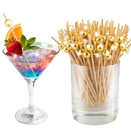 DecorWoo 100 Counts Gold Cocktail Picks, Fancy Toothpicks for Appetizers Drinks Desserts Charcuterie, Pearl Food Picks Wooden Sticks for Wedding Party Supplies Decorative - 4.7 Inch