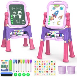 YOHOOLYO Kids Easel Standing Art Easel for Kids, Double Sided Children Pink Purple Easel Magnetic Chalkboard Whiteboard Dry Eraser Board Great Gift for Girls (Purple)