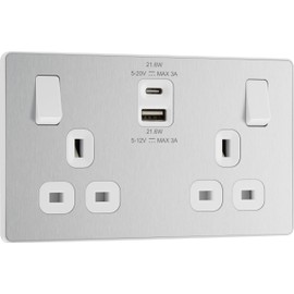 BG Electrical Double Switched Power Wall Plug Socket with Fast Charge Type A and Type C USB Charging Ports, Evolve, Brushed Steel, 13A, 22W, PCDBS22UAC22W