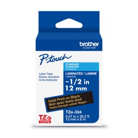 Brother Genuine P-Touch TZe Gold Print on Black Label Tape (TZe334), Laminated,1/2in x 26.2ft (12mm x 8m), for Select P-Touch Label Makers, Durable, Water-Resistant, Indoor/Outdoor Use