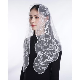 Bozidol Church Catholic Veils for Women, Triangle White Blessed Virgin Mary Embroidered Lace Mantilla Chapel Veil, Latin Mass Prayer Scarf Head Coverings with Clips