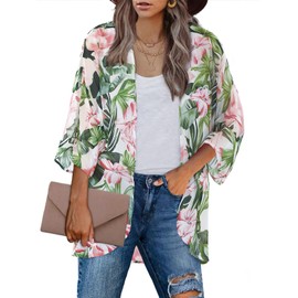 Women's Floral Leaf Kimono Cover Ups Plus Size Hawaiian Shirts Tops Tropical Boho Outfits Chiffon Sheer Summer Cardigans Shawls Wraps White XX-Large