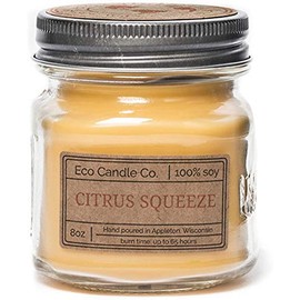 Eco Candle Co. Mason Jar Candle, Citrus Squeeze, 8 oz. - Scents of Orange, Tangerine, Grapefruit, Lemon, & Lime - 100% Soy Wax, No Lead, Kraft Label & Antiqued Pewter Lid, Hand Made, Midwest Soybeans