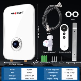 Tankless Water Heater Electric 9kW 240V, Geesen GE090T Point of Use Sink Instant Hot Water Heater Digital Display, Self-modulating Hard Wired Connection (Blue) (White-Remote-9.5kw)