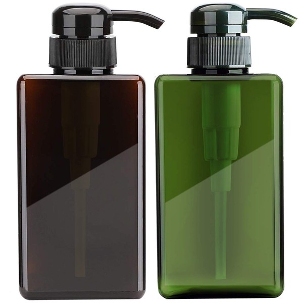 JamHooDirect 2 x 450ml Empty Plastic Pump Bottles Refillable Lotion Shampoo Shower Gel Square, Brown + Green, 450 ml,