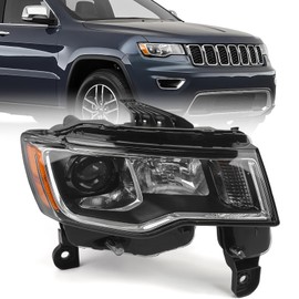 FIONE Halogen Headlight Assembly Compatible with Jeep Grand Cherokee 2017 2018 2019 2020 2021 Replacement Headlamp with Chrome Housing Silver Frame Right Passenger Side RH