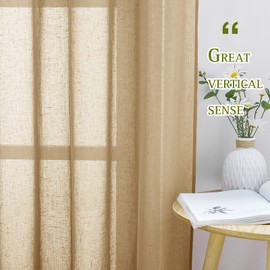 NICETOWN Sheer Linen Curtains Flax Texture 96 inch Long for Sliding Door, Grommet Semi Sheer Window Drapes Privacy with Light Filtering for Bedroom/Living Room, Camel, W70 x L96, 2 Panels