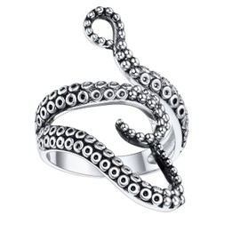 U7 Octopus Ring Punk Sea Monster Jewelry Platinum Plated Retro Black Squid Kraken Punk Ring for Men Women