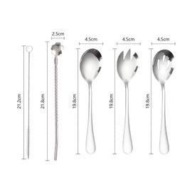Cutlery Set, 4-Piece Stainless Steel Cutlery Set, Salad Servers,Serving Spoon and Fork Set,Slotted Spoon，Reusable Straw and Special Cleaning Brushes,for Home and Restaurant, Silver,Dishwasher Safe