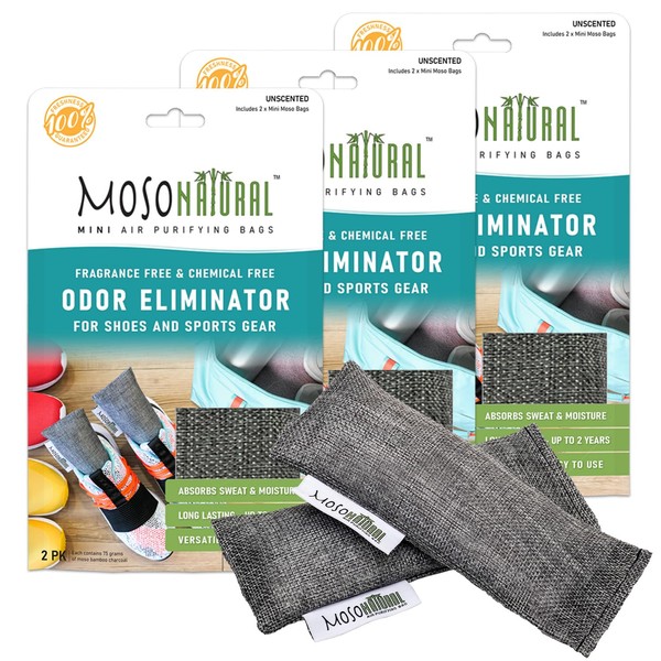 Moso Natural Mini Air Purifying Bags. A Scent Free Odor Eliminator for Shoes, Gym Bags and Sports Gear. Premium Moso Bamboo Charcoal. (3 Packs of 2. 6 Total)