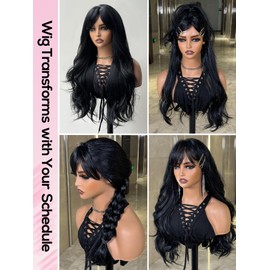 topshe Long Black Wavy Wig With Bangs for Women 26 Inch Curly Wavy Wig With Bangs Natural Looking Synthetic Heat Resistant Fiber Wig for Daily Party & Cosplay Use