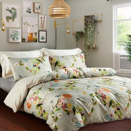 mixinni Duvet Cover Queen Size Set Floral Leaves Pattern Cotton Bird Printed Bedding Duvet Covet Set with Zipper Ties, Perfect for Him and Her, Easy Care, Soft and Breathable-(3pcs, Queen Size)
