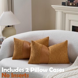 Pack of 2 Faux Leather Boucle Throw Pillow Covers 20"x12" Golden Brown Chic Accents Textured Rectangular Lumbar Decorative Pillow Cases for Living Room Couch Bed Farmhouse Boho Home Decor