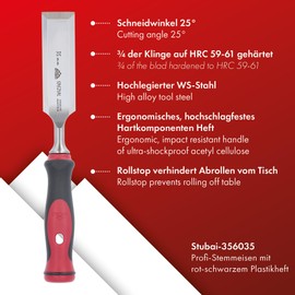 Stubai 356035 STUBAIspecial Wood Chisel,bi-mat.handl 35 mm, Silver/Red/Black
