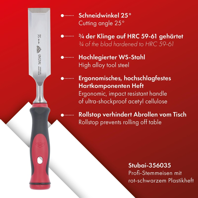 Stubai 356035 STUBAIspecial Wood Chisel,bi-mat.handl 35 mm, Silver/Red/Black