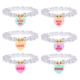 Valentine's Day Bracelet for Women XOXO LOVE HUG ME Candy Heart Charm Bracelet Pearls Beaded Stretch Bracelet Valentines Jewelry Galentine's Day Gifts for Her