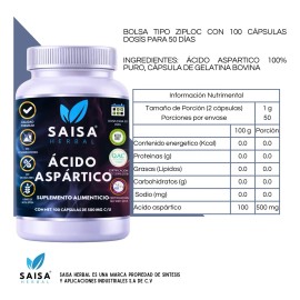 Ácido Aspártico 100 Cápsulas Saisa Herbal Suplemento Alimenticio Energía Vitalidad Apoyo Muscular