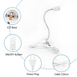 SCNNC SCNNC E27 Lampenfassung mit Clip, 360 Verstellbarer Schwanenhals, E27 klemmleuchte Langes Kabel mit Schalter mit Stecker, fr Tiere, Tischlampe, Wachsende Pflanze, Wei? (ohne Glhbirne)