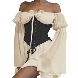 FDKLOOK Womens Beige Corset Dress 2 Piece Set Off Shoulder Bell Sleeve Irregular Party Fancy Fairy Bustier Dress M