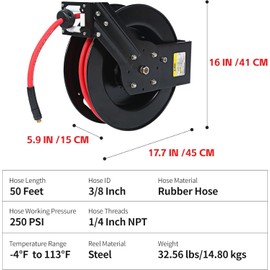 MaxWorks 50 Foot Auto Rewind Retractable Air Hose Reel with 3/8" Rubber Hose 250 PSI Heavy Duty Steel Spring Multi Position Ratchet and Solid Brass Fittings for Garage and Workshop (80720)