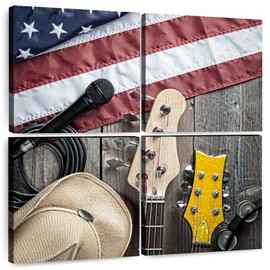ElephantStock - Usa Country Music Wall Art - Square Multi Panel Canvas - 4 Piece Living Room Wall Decor - Photography Music Multi Piece Wall Art - Red And Gray Decor - 32" x 32"