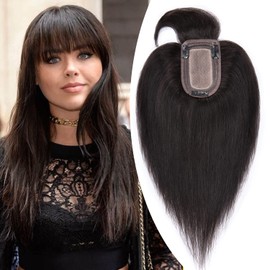 Hairro Clip in Hair Topper for Women with Bangs 100% Real Remy Human Hair Toppers 13 * 7cm Silk Base Hairpiece for Thinning Hair Cover Bald Hair Loss (10 inch, 1B Natural Black)