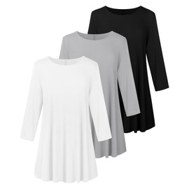 Evervibe 3 Pack Plus Size 3/4 Sleeve Tunics Tops for Curvy Women, Loose Fit Casual Comfy Swing Flare T-shirts for Leggings(Black, White, Light Gray,4X-Large)