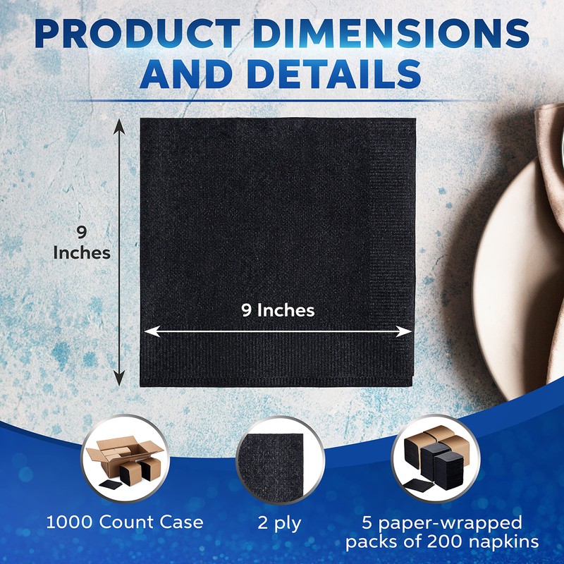 Paterson Paper Black Paper Beverage/Cocktail Napkins Premium Bulk (2 Ply,