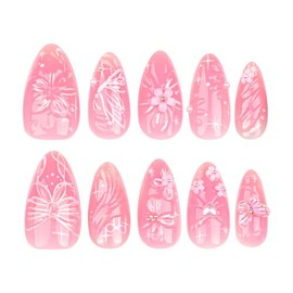 Handmade Press on Nails Medium Almond Fake Nails with Pearl Flower Design 3D Water Ripple False Nails Reusable Butterfly Stick on Nails Glossy Bow Summer Glue on Nails for Women Girls Manicure 24Pcs