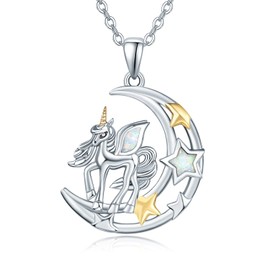 KINGWHYTE Unicorn Necklace for Girls 925 Sterling Silver Moon Rainbow Stone Star Unicorn Pendant Necklace Unicorn Jewellery Christmas Gift for Girls Women Daughter, Sterling Silver, Opal