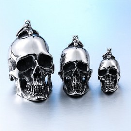 PAMTIER Mens Gothic Biker Large Heavy Skull Stainless Steel Pendant Necklace Silver Black, Small, With Chain