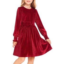 Arshiner Girls' Velvet Dress, Long Sleeve Dress, Children's Casual Dress, Plain Autumn Winter Festive Dress, Christmas Dress, Vintage Party Dress, Princess Birthday Dress, 6-13 Years, red