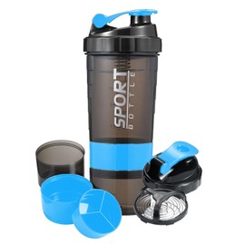 16 oz Shaker Water Bottle for Protein Mixes, Pre Workout Sport Water Bottle Blender with Powder Containers Kit (Blue)