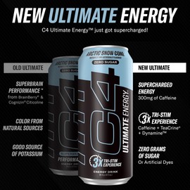 C4 Ultimate Sugar Free Energy Drink 16oz (Pack of 12) | Arctic Snow Cone | Pre Workout Performance Drink with No Artificial Colors or Dyes