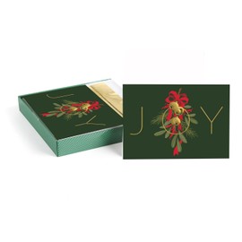 Masterpiece Jingle Joy Mistletoe Christmas Cards / 15 Boxed Greenery Jingle Bell Holiday Card Set With Coordinating Gold Foil Lined Envelopes / 5 5/8" x 7 7/8" Folded Winter Greeting Cards With Inside